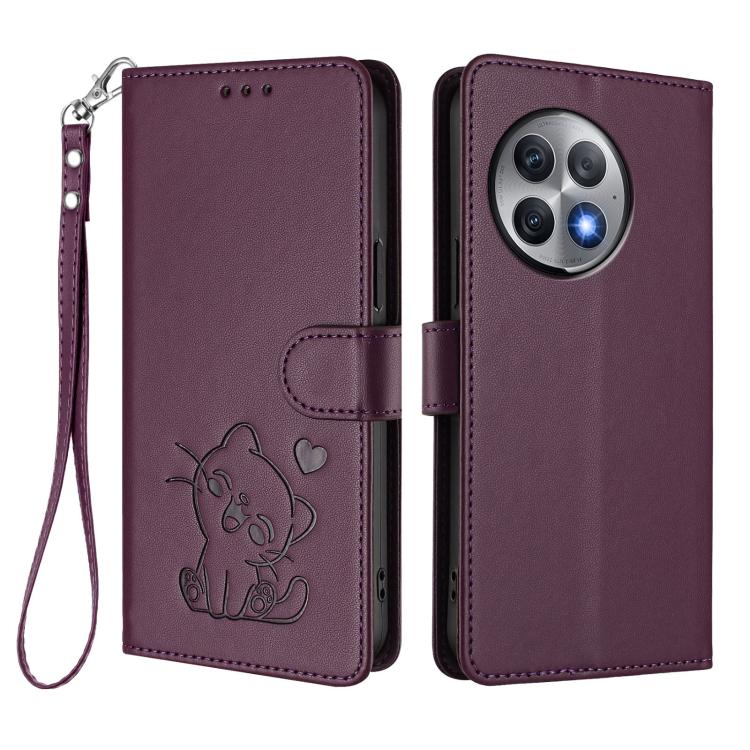 For OnePlus Ace 2 Pro 5G Embossed Heart Cat Leather Phone Case with Hand Strap