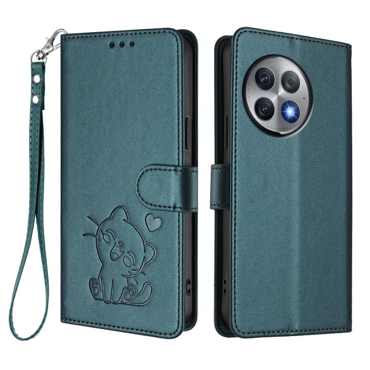 For OnePlus Ace 2 Pro 5G Embossed Heart Cat Leather Phone Case with Hand Strap