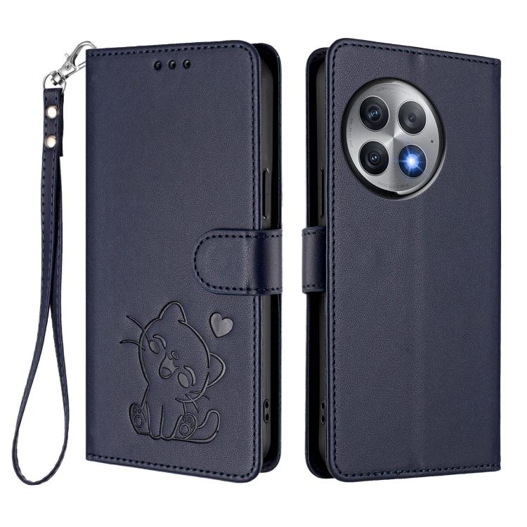 For OnePlus Ace 2 Pro 5G Embossed Heart Cat Leather Phone Case with Hand Strap