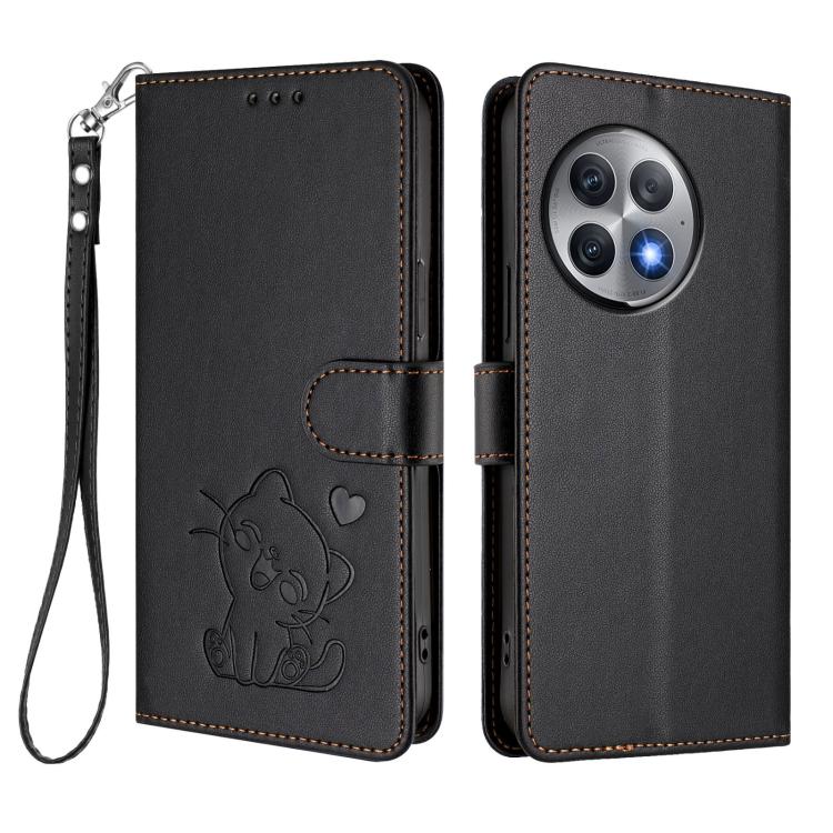 For OnePlus Ace 2 Pro 5G Embossed Heart Cat Leather Phone Case with Hand Strap