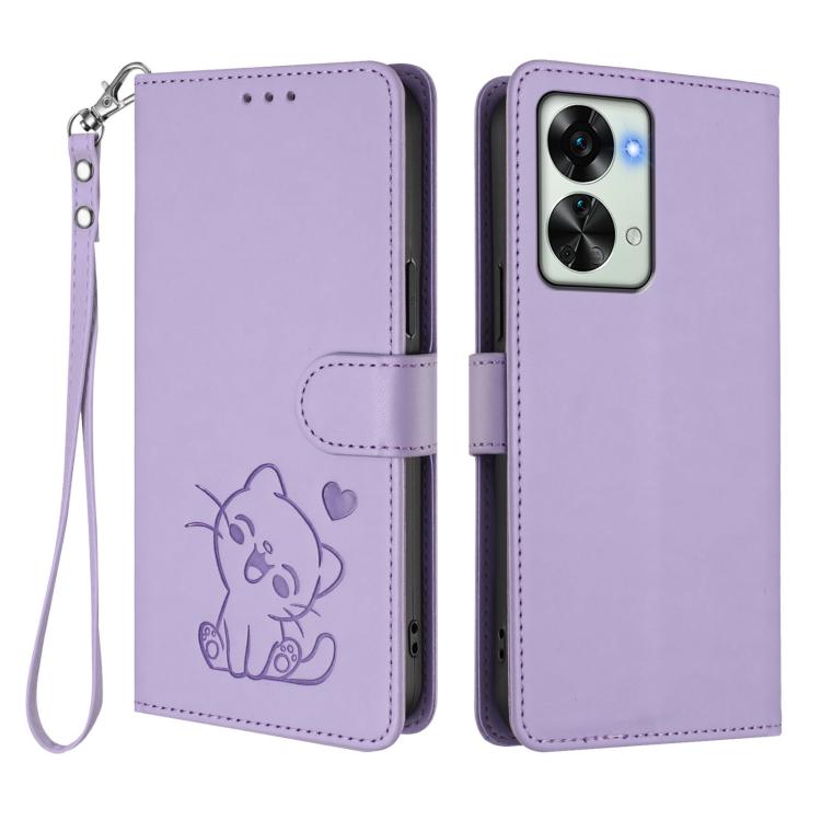 For OnePlus Nord 2T Embossed Heart Cat Leather Phone Case with Hand Strap