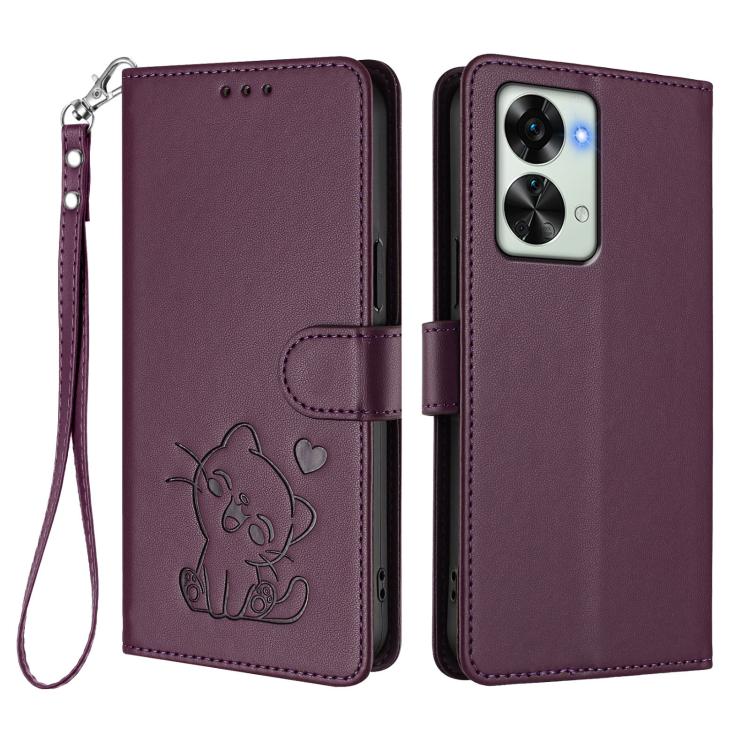 For OnePlus Nord 2T Embossed Heart Cat Leather Phone Case with Hand Strap