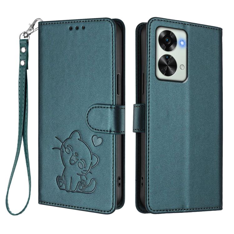 For OnePlus Nord 2T Embossed Heart Cat Leather Phone Case with Hand Strap