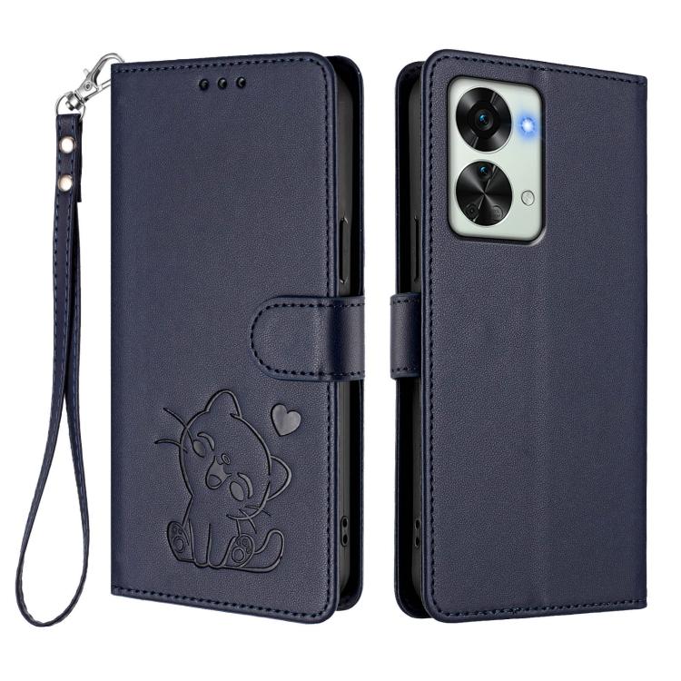 For OnePlus Nord 2T Embossed Heart Cat Leather Phone Case with Hand Strap