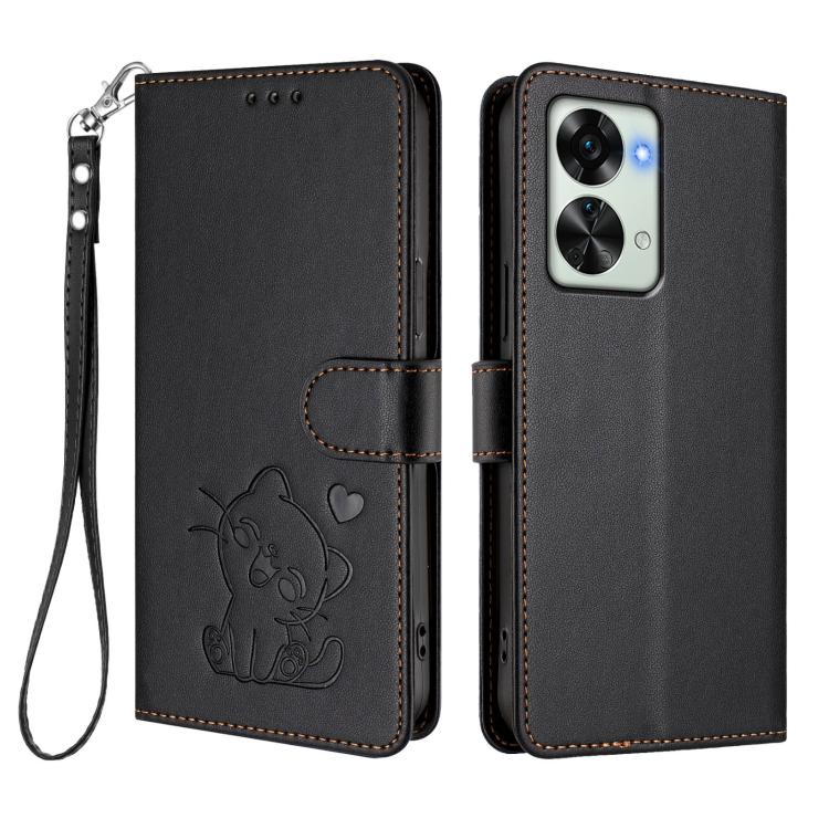 For OnePlus Nord 2T Embossed Heart Cat Leather Phone Case with Hand Strap