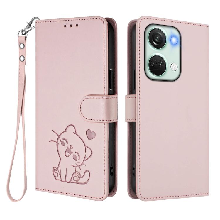 For OnePlus Nord 3 / Ace 2V Embossed Heart Cat Leather Phone Case with Hand Strap
