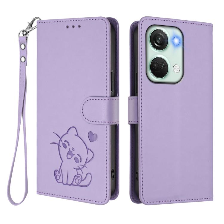 For OnePlus Nord 3 / Ace 2V Embossed Heart Cat Leather Phone Case with Hand Strap