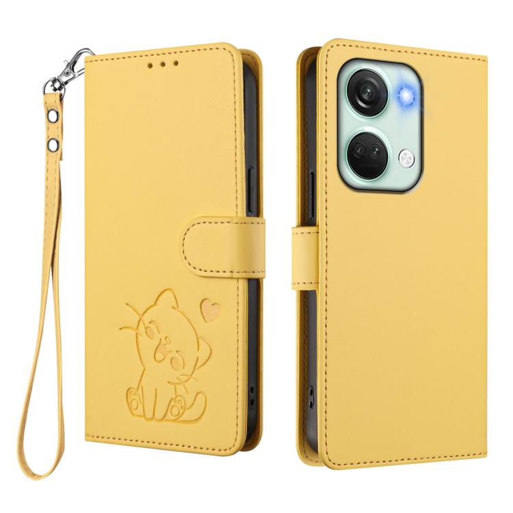 For OnePlus Nord 3 / Ace 2V Embossed Heart Cat Leather Phone Case with Hand Strap