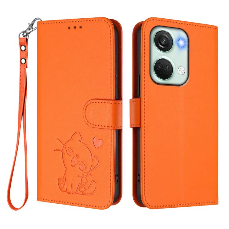 For OnePlus Nord 3 / Ace 2V Embossed Heart Cat Leather Phone Case with Hand Strap