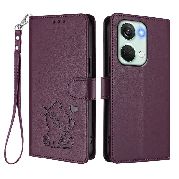 For OnePlus Nord 3 / Ace 2V Embossed Heart Cat Leather Phone Case with Hand Strap