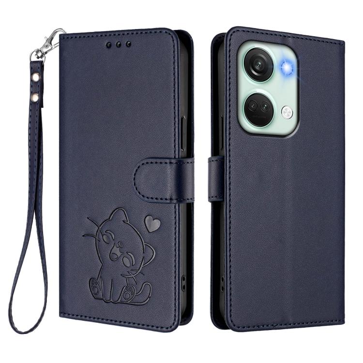 For OnePlus Nord 3 / Ace 2V Embossed Heart Cat Leather Phone Case with Hand Strap