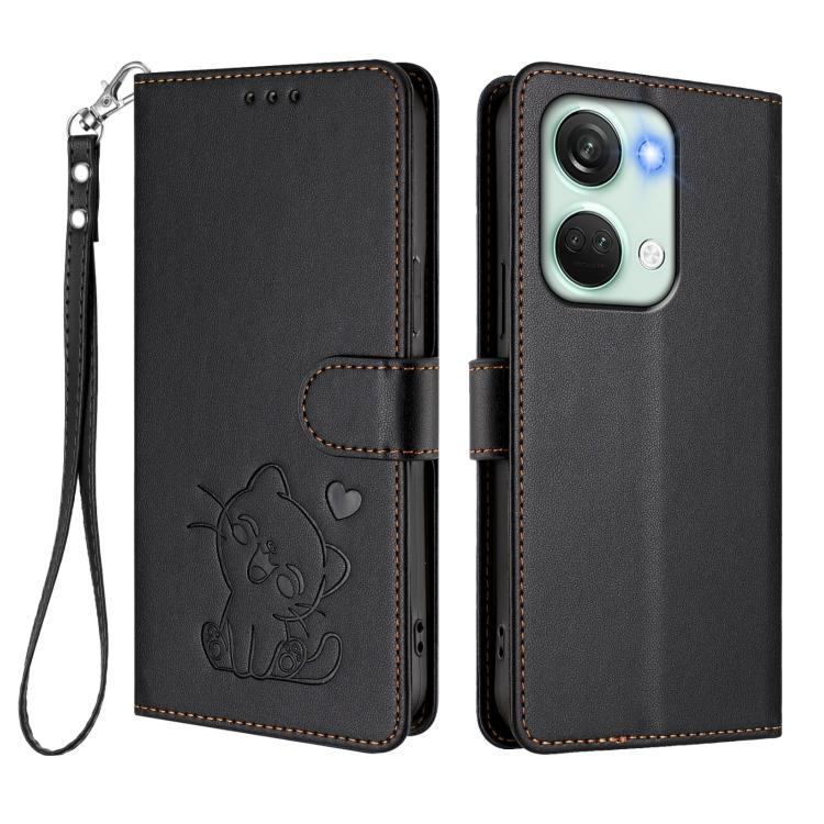 For OnePlus Nord 3 / Ace 2V Embossed Heart Cat Leather Phone Case with Hand Strap