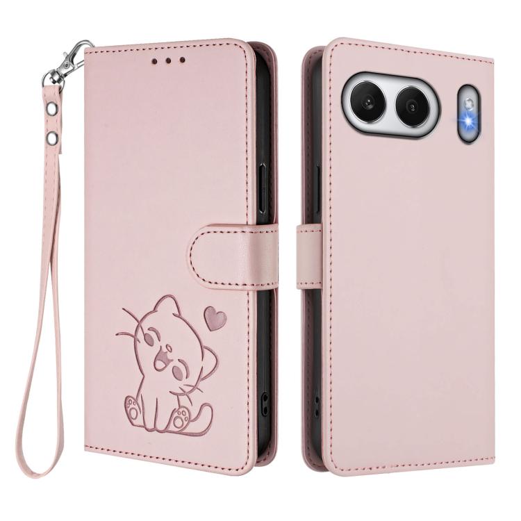 For OnePlus Nord 4 5G Embossed Heart Cat Leather Phone Case with Hand Strap