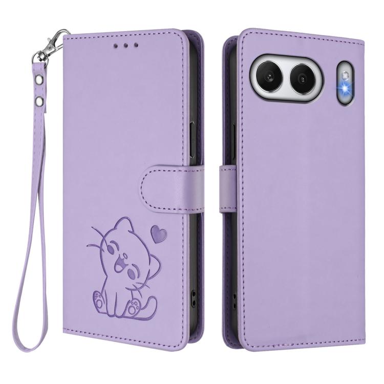 For OnePlus Nord 4 5G Embossed Heart Cat Leather Phone Case with Hand Strap