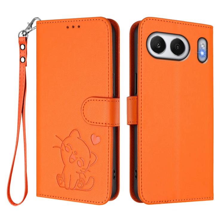 For OnePlus Nord 4 5G Embossed Heart Cat Leather Phone Case with Hand Strap