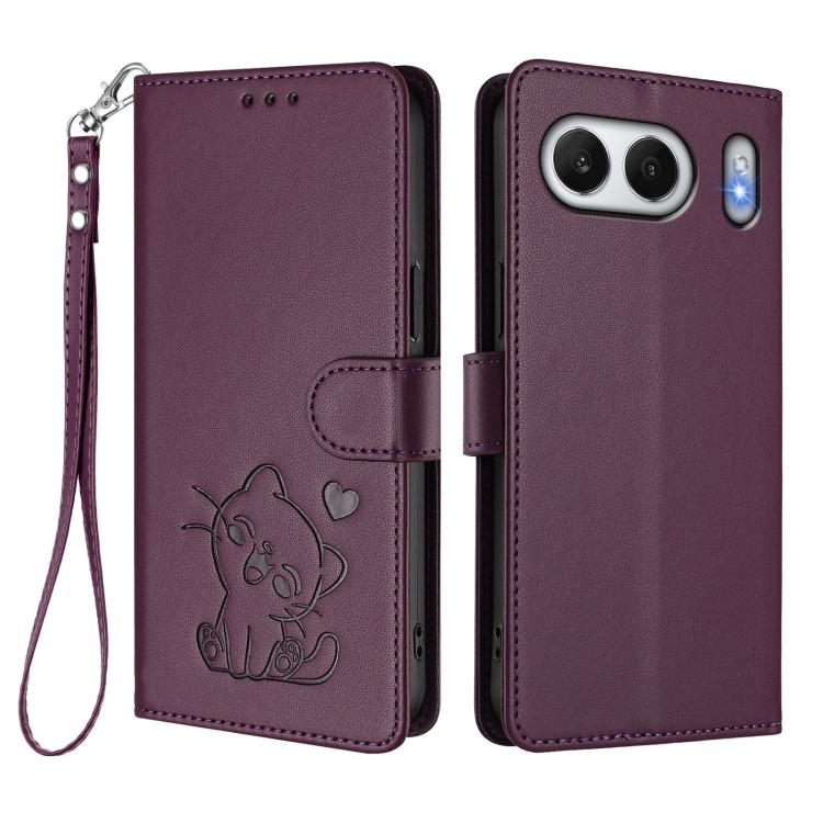 For OnePlus Nord 4 5G Embossed Heart Cat Leather Phone Case with Hand Strap