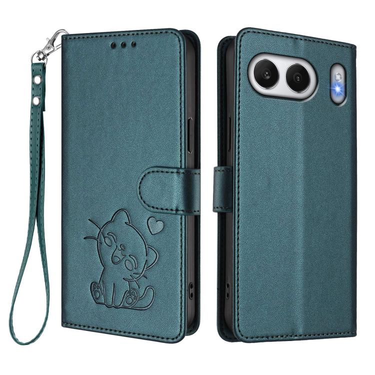 For OnePlus Nord 4 5G Embossed Heart Cat Leather Phone Case with Hand Strap