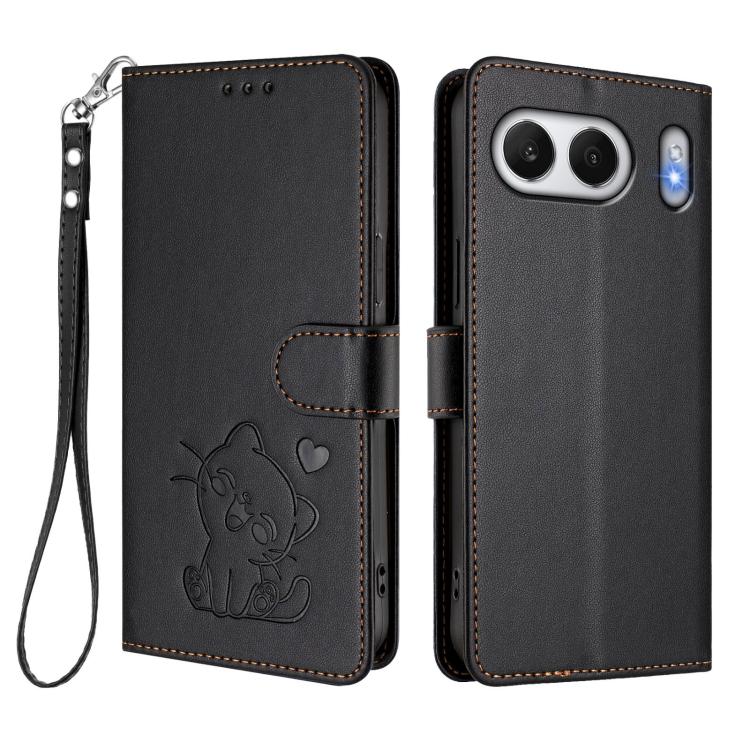 For OnePlus Nord 4 5G Embossed Heart Cat Leather Phone Case with Hand Strap
