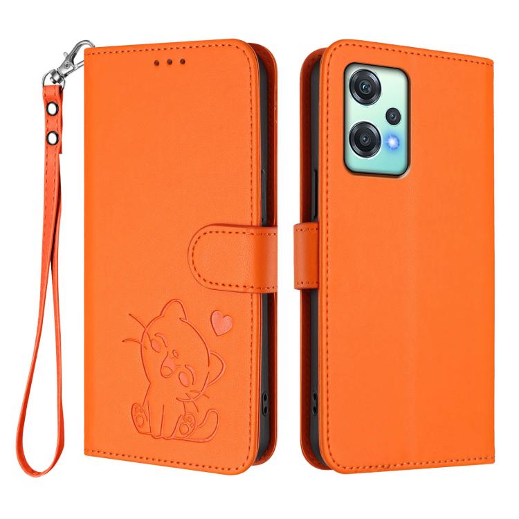 For OnePlus Nord CE 2 Lite 5G Embossed Heart Cat Leather Phone Case with Hand Strap