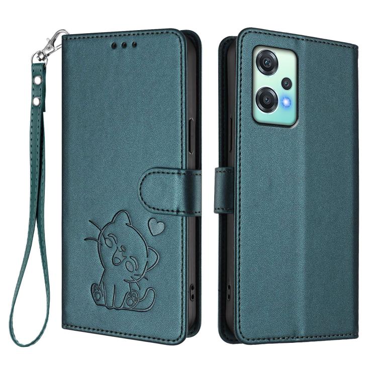 For OnePlus Nord CE 2 Lite 5G Embossed Heart Cat Leather Phone Case with Hand Strap