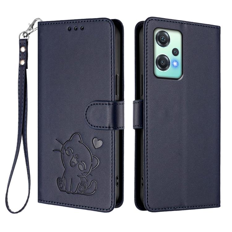 For OnePlus Nord CE 2 Lite 5G Embossed Heart Cat Leather Phone Case with Hand Strap