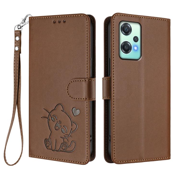 For OnePlus Nord CE 2 Lite 5G Embossed Heart Cat Leather Phone Case with Hand Strap