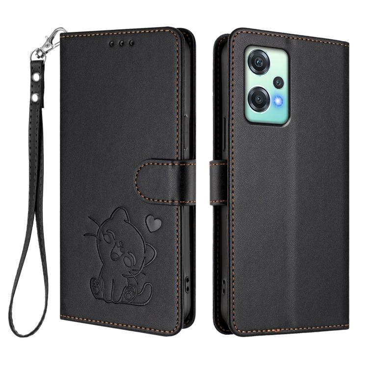 For OnePlus Nord CE 2 Lite 5G Embossed Heart Cat Leather Phone Case with Hand Strap