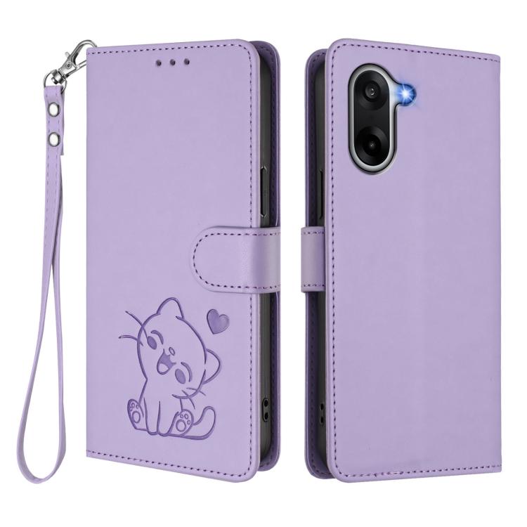 For OnePlus Nord CE5 / Ace 5 Racing Embossed Heart Cat Leather Phone Case with Hand Strap