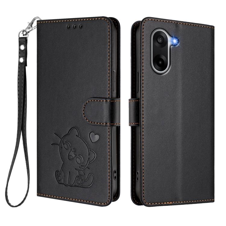 For OnePlus Nord CE5 / Ace 5 Racing Embossed Heart Cat Leather Phone Case with Hand Strap