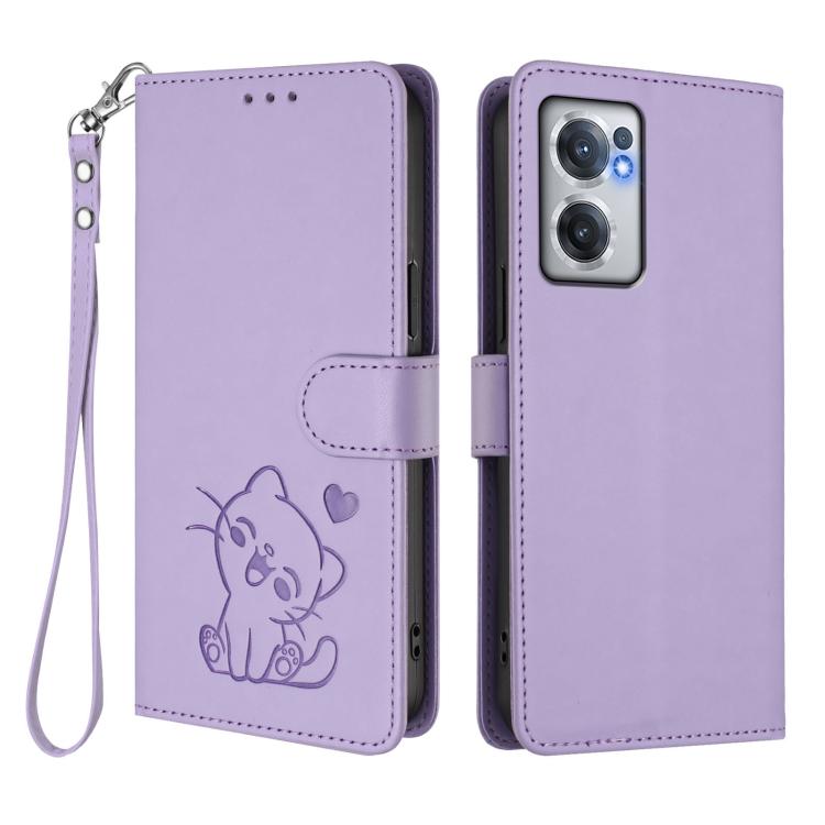 For OnePlus Nord CE 2 5G Embossed Heart Cat Leather Phone Case with Hand Strap