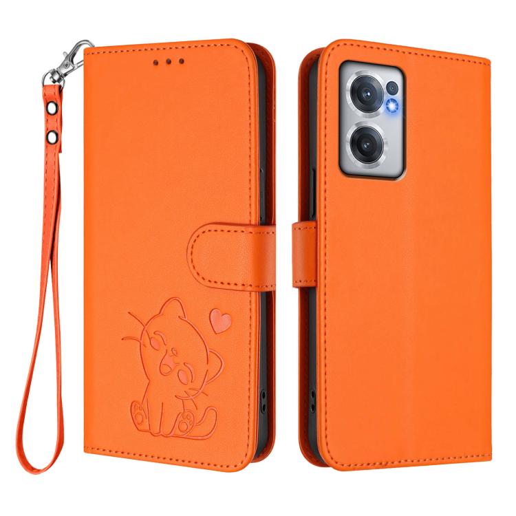 For OnePlus Nord CE 2 5G Embossed Heart Cat Leather Phone Case with Hand Strap
