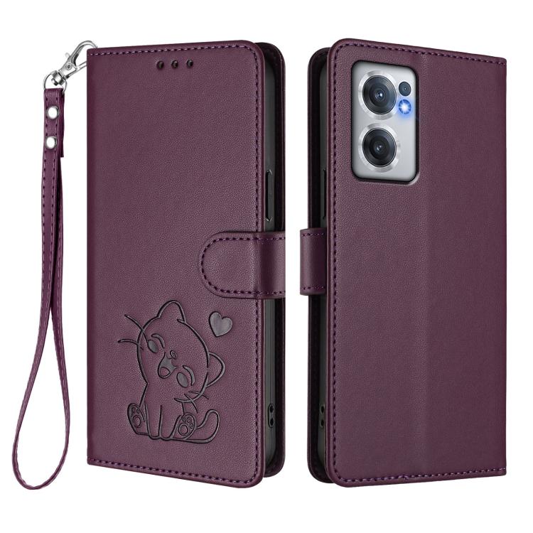 For OnePlus Nord CE 2 5G Embossed Heart Cat Leather Phone Case with Hand Strap
