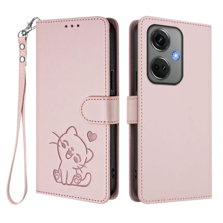 For OnePlus Nord CE3 5G India Embossed Heart Cat Leather Phone Case with Hand Strap