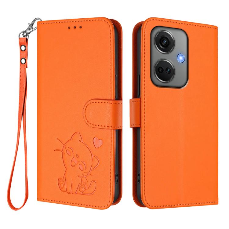 For OnePlus Nord CE3 5G India Embossed Heart Cat Leather Phone Case with Hand Strap