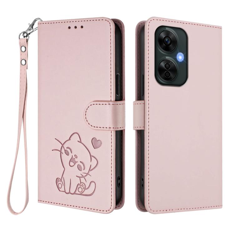 For OnePlus Nord CE3 Lite 5G / N30 Embossed Heart Cat Leather Phone Case with Hand Strap