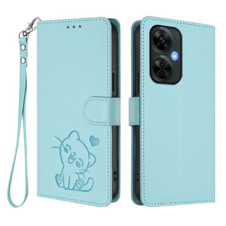 For OnePlus Nord CE3 Lite 5G / N30 Embossed Heart Cat Leather Phone Case with Hand Strap