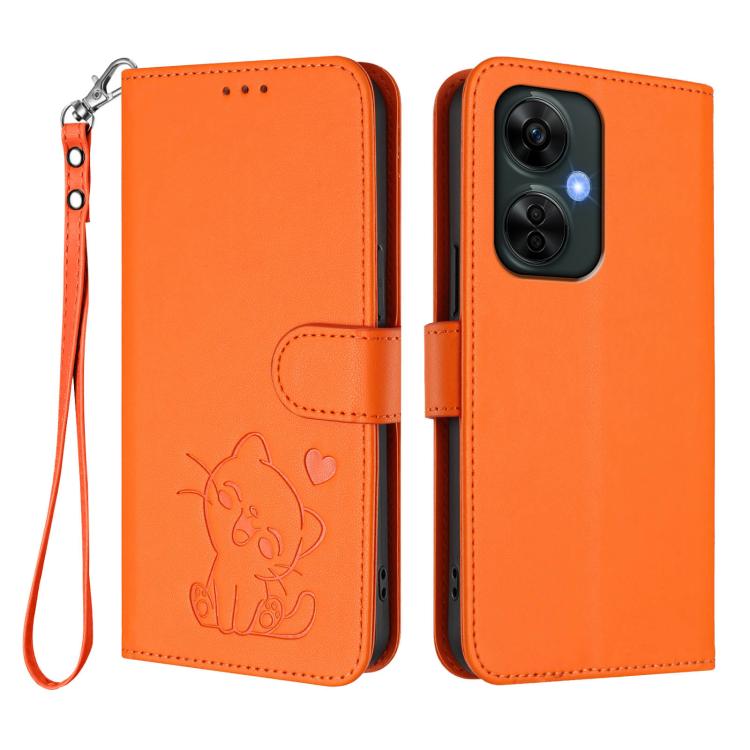 For OnePlus Nord CE3 Lite 5G / N30 Embossed Heart Cat Leather Phone Case with Hand Strap