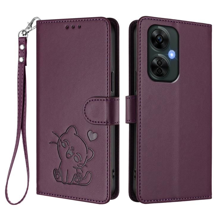 For OnePlus Nord CE3 Lite 5G / N30 Embossed Heart Cat Leather Phone Case with Hand Strap