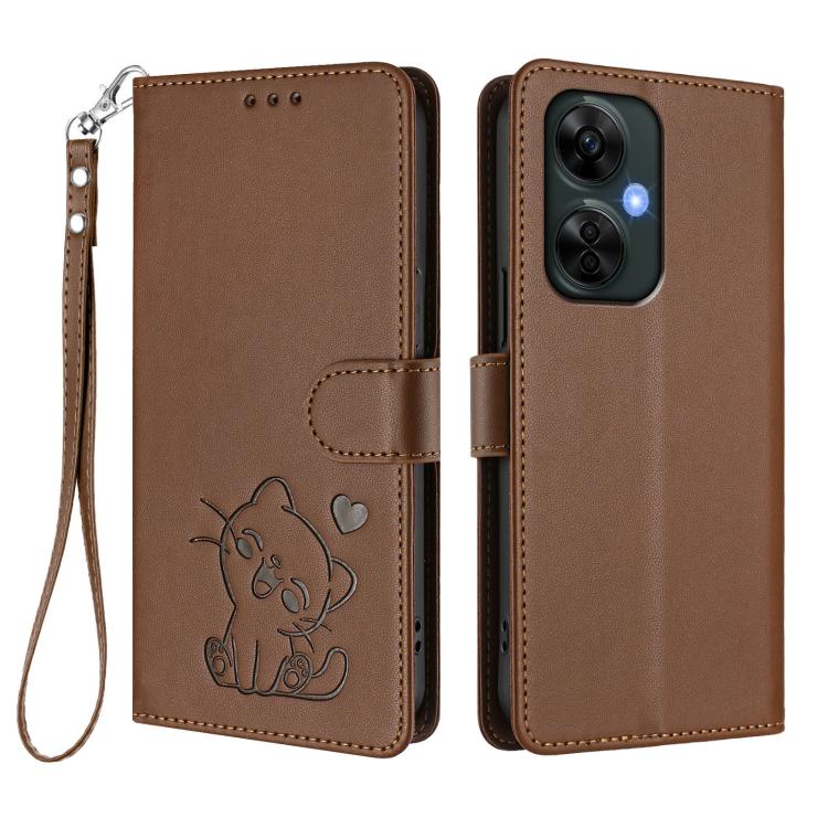For OnePlus Nord CE3 Lite 5G / N30 Embossed Heart Cat Leather Phone Case with Hand Strap