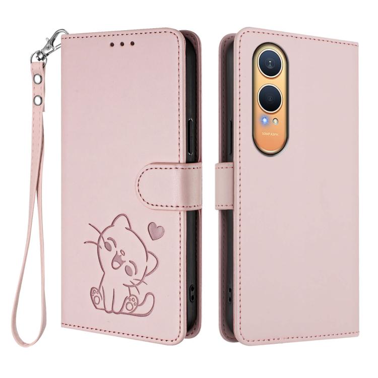 For OnePlus Nord CE4 Lite 5G Embossed Heart Cat Leather Phone Case with Hand Strap