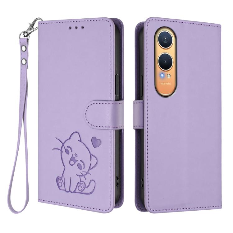For OnePlus Nord CE4 Lite 5G Embossed Heart Cat Leather Phone Case with Hand Strap