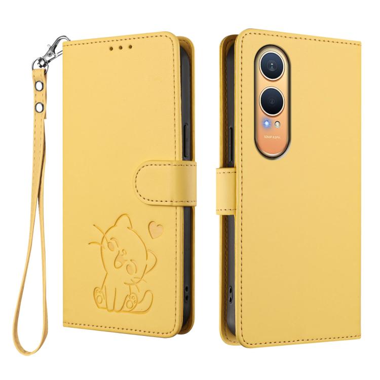 For OnePlus Nord CE4 Lite 5G Embossed Heart Cat Leather Phone Case with Hand Strap