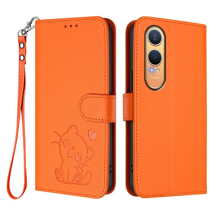 For OnePlus Nord CE4 Lite 5G Embossed Heart Cat Leather Phone Case with Hand Strap