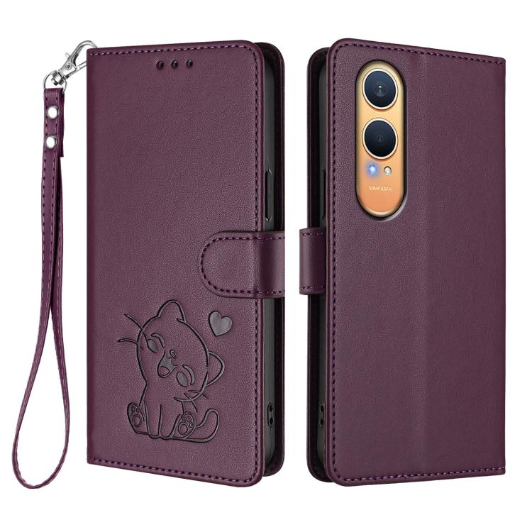 For OnePlus Nord CE4 Lite 5G Embossed Heart Cat Leather Phone Case with Hand Strap