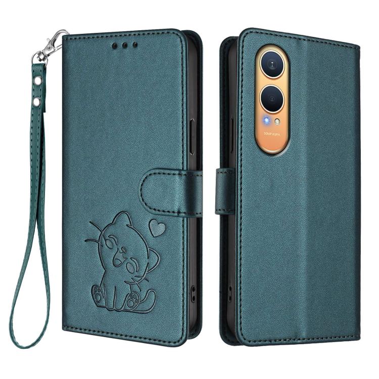 For OnePlus Nord CE4 Lite 5G Embossed Heart Cat Leather Phone Case with Hand Strap