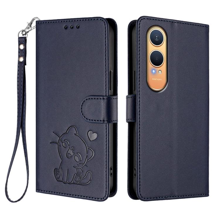 For OnePlus Nord CE4 Lite 5G Embossed Heart Cat Leather Phone Case with Hand Strap