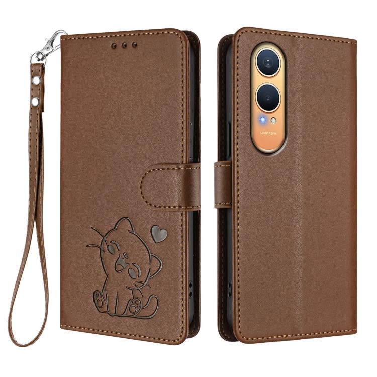 For OnePlus Nord CE4 Lite 5G Embossed Heart Cat Leather Phone Case with Hand Strap
