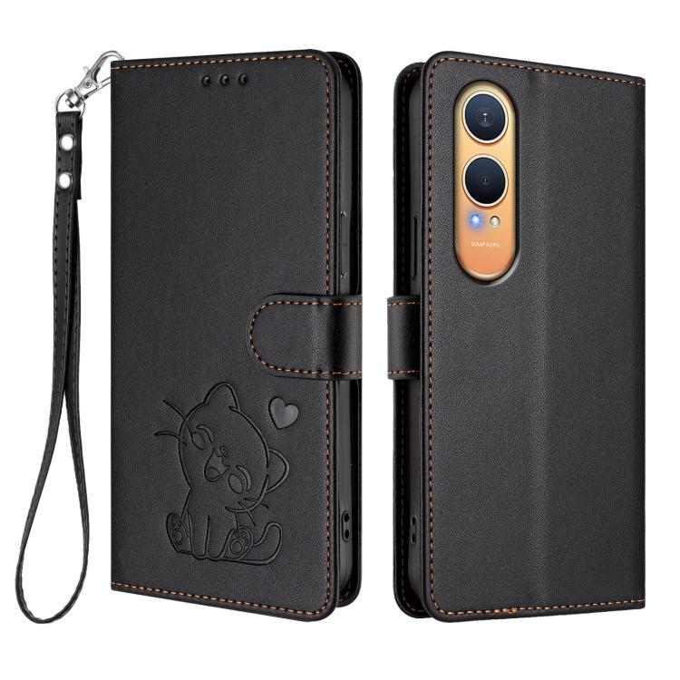 For OnePlus Nord CE4 Lite 5G Embossed Heart Cat Leather Phone Case with Hand Strap