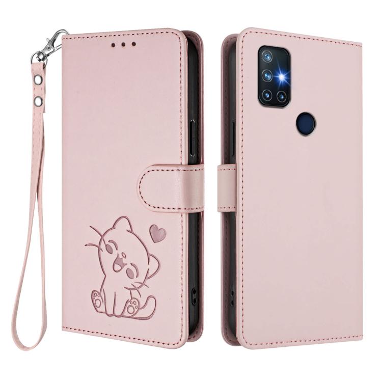 For OnePlus Nord N10 5G Embossed Heart Cat Leather Phone Case with Hand Strap