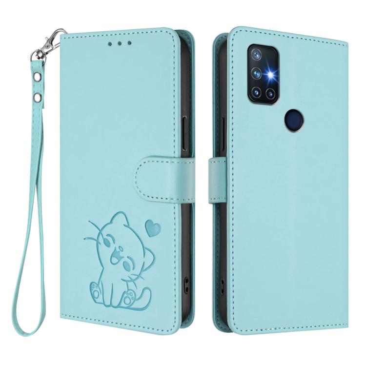 For OnePlus Nord N10 5G Embossed Heart Cat Leather Phone Case with Hand Strap